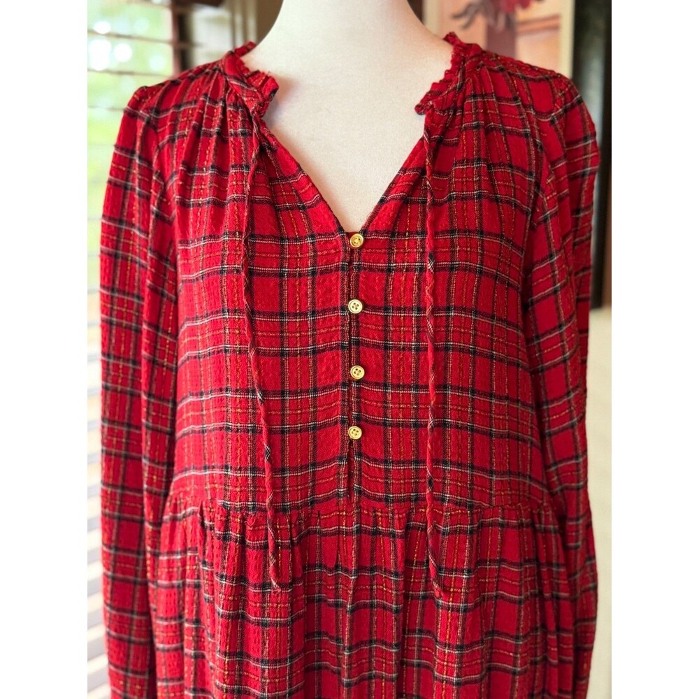 LOFT Red Plaid Tiered Dress Long Sleeve Gold Metallic Shimmer Holiday Sz Small